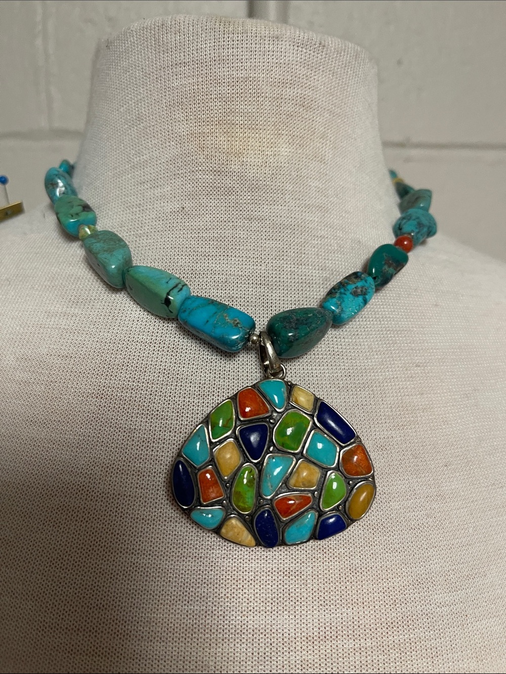 Studio Barse Turquoise Bead Necklace with Multicolor Mosaic Pendant